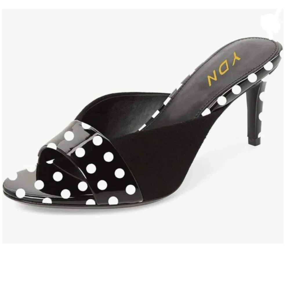 YDN Black Dots Trendy Peep Toe Stiletto Heel Pumps Slip on Mules Slide Slipper S